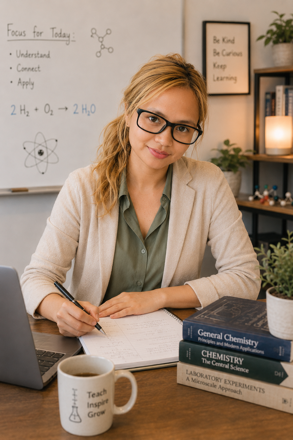 Adrianne Penullar standing confidently in her chemistry classroom