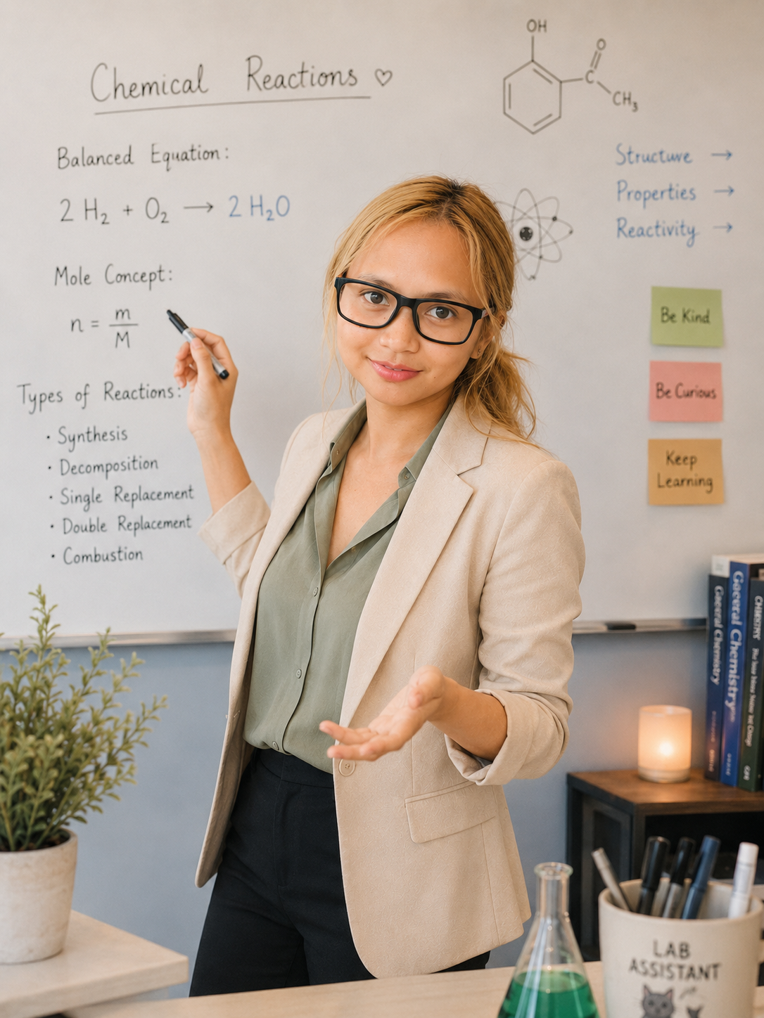 Adrianne Penullar teaching chemistry at a whiteboard, marker in hand