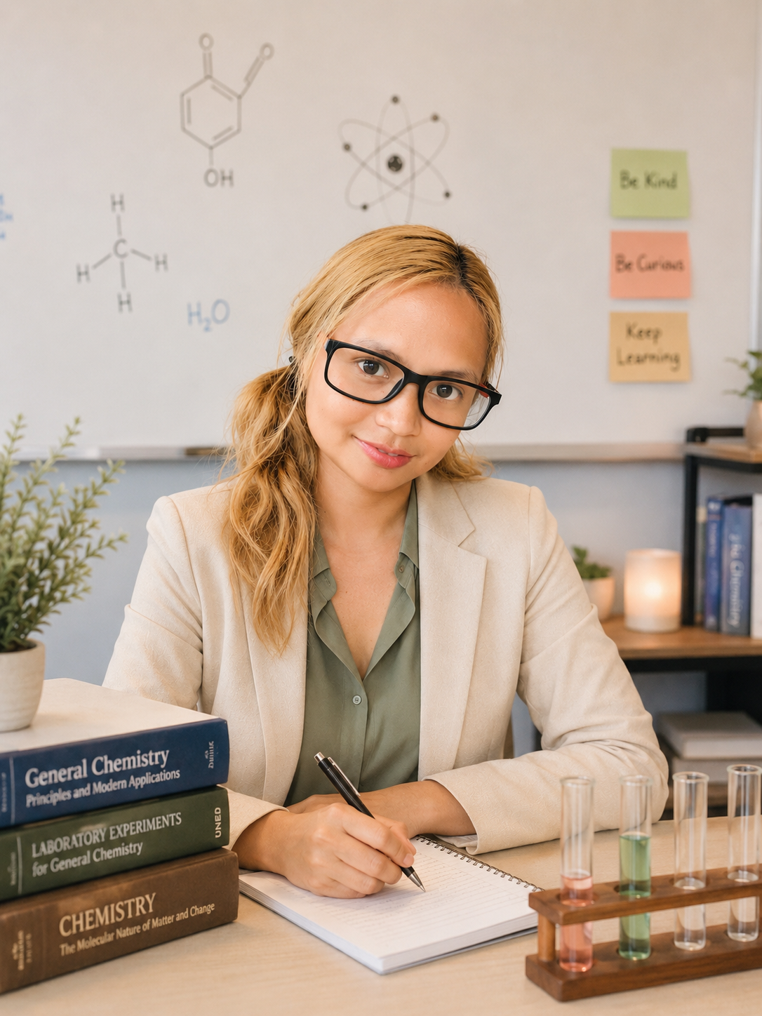 Adrianne Penullar at her desk with chemistry books